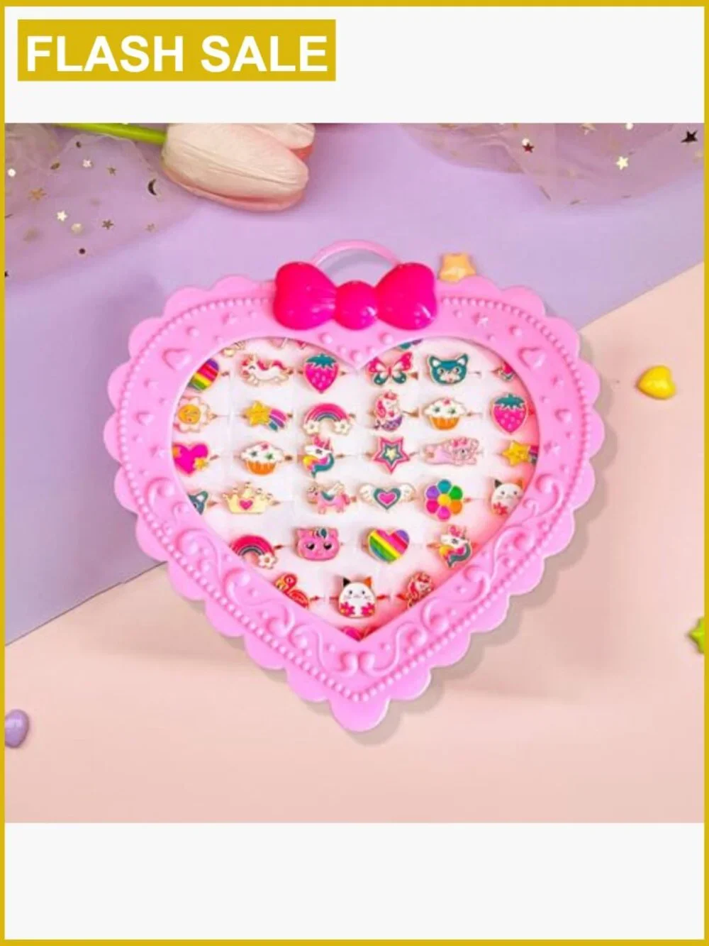 36pcs Adjustable Kids Jewelry Rings in Heart Box Pretend Play Dress Up